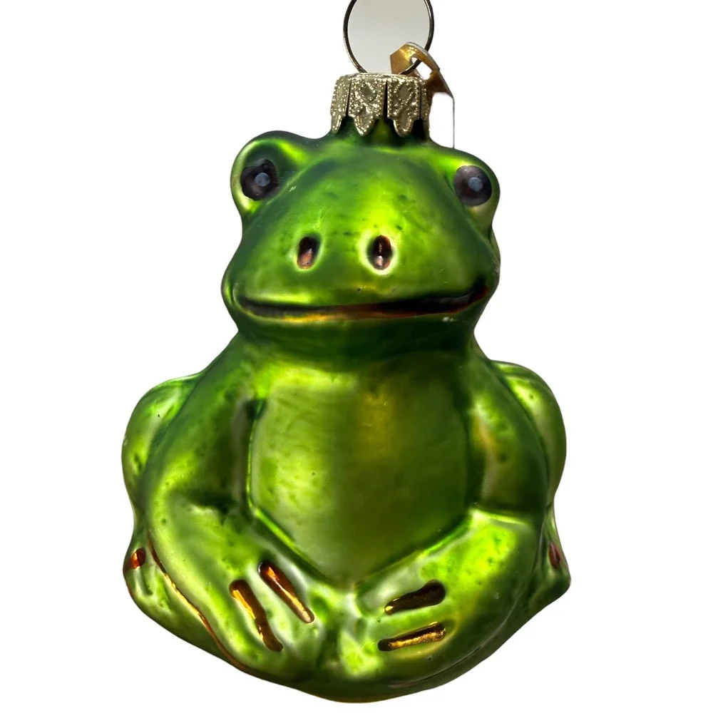 Discovery Channel Store Glass Frog Christmas Ornament‎ Shiny Green Sitting